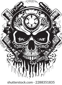 Artwork illustration and t-shirt design skull motorcycle engraving ornament