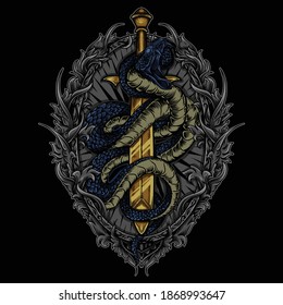 artwork illustration and t-shirt design snake and sword with engraving ornament premium vector