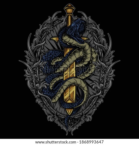 artwork illustration and t-shirt design snake and sword with engraving ornament premium vector
