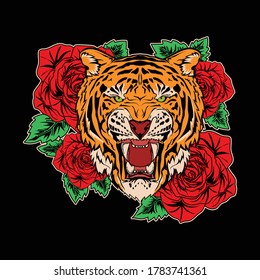 artwork illustration and t-shirt design tiger and rose premium vector