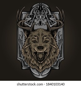 artwork illustration and t-shirt design wolf deer horn engraving ornament