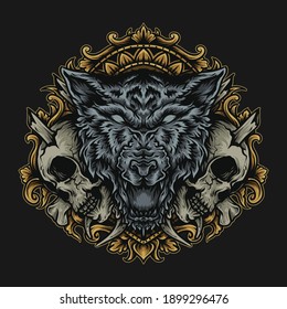 artwork illustration and t-shirt design wolf and skull engraving ornament premium vector