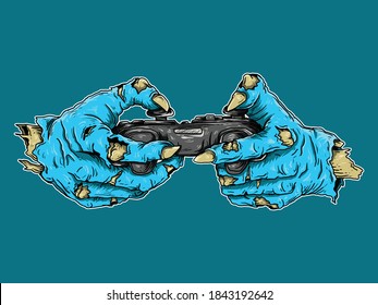 artwork illustration and t-shirt design zombie hand play controller game premium vector