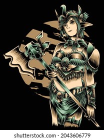 Artwork Illustration Of Woman With The Terrible Ax Vector