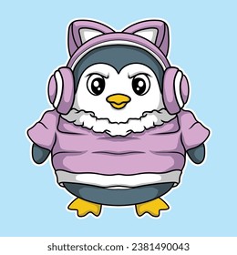 artwork illustrator and sticker design cute pinguin with headphone character