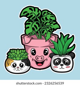 artwork illustrator and T shirt design cute character cat pig panda plants pot