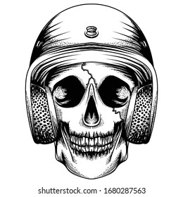 artwork ilustration black and white handdrawn skull helmet premium vector