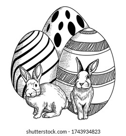 artwork ilustration black and white handdrawn rabbit and egg ester premium vector