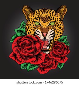 artwork ilustration and t-shirt design leopard with roses premium vector