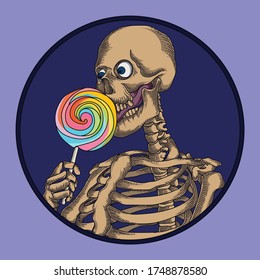 artwork ilustration and tshirt design skeleton with lolipop premium vector