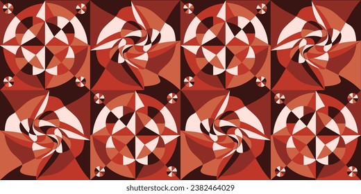 Artwork for interior with Mandala Geometric art. Seamless pattern with Mosaic drawing. Geometrical shapes in trendy Retro y2k asian style. Design t-shirt textile fabric printing. Vector illustration.