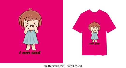 Artwork little girl is crying, Stylish t-shirt and apparel design, typography, print, vector illustration. Global swatches.