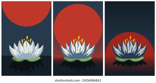 Artwork with Lotus on Sunset background. Sacred plant of India. Beauty Summer Flower. Water lily in the lake. Vector illustration can used web design. EPS 10