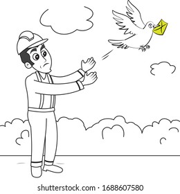 Artwork of Man sending message via dove pigeon bird 