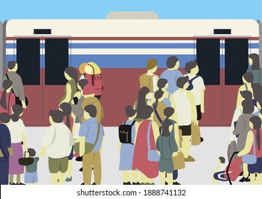 Artwork of many people standing at the train station waiting for skytrain, this is the city life.