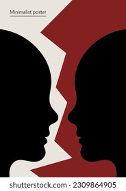 Pintura, diseño minimalista de afiches en colores rojo y negro. Resumen de arte mural. Ilustración vectorial con siluetas de la cabeza de la gente. Relaciones sociales, desacuerdos, diferencias.