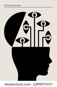 Artwork, minimalist poster design in red and black colors. Abstract wall art. Vector illustration on the theme of science, knowledge, curiosity.
