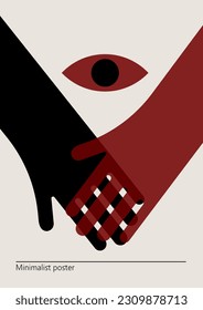 Artwork, minimalist poster design in red and black colors. Abstract wall art. Vector illustration on the theme of relationships. Hand silhouettes.