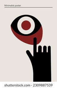 Artwork, minimalist poster design in red and black colors. Abstract wall art. Vector illustration with a red eye and a hand pulling the eyelid.