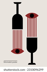 Artwork, minimalist poster design in red and black colors. abstract wall art. Vector illustration with glasses of wine and eyes.