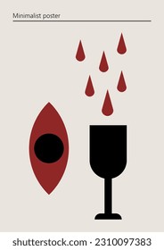 Pintura, diseño minimalista de afiches en colores rojo y negro. arte mural abstracto. Ilustración vectorial con copa de vino y ojo.