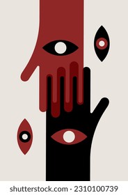 Artwork, minimalist poster design in red and black colors. abstract wall art. Vector illustration with silhouettes of touching hands and eyes.