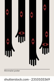 Artwork, minimalist poster design in red and black colors. abstract wall art. Vector illustration with silhouettes of hands with eyes.