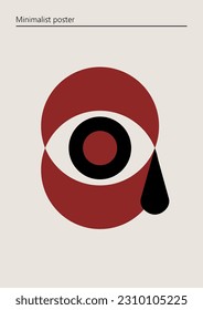 Artwork, minimalist poster design in red and black colors. abstract wall art. Vector illustration with a crying eye.