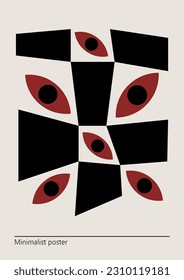 Artwork, minimalist poster design in red and black colors. abstract wall art. Vector illustration with pattern and eyes.