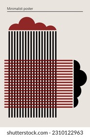 Pintura, diseño minimalista de afiches en colores rojo y negro. arte mural abstracto. Ilustración vectorial con nubes, lluvia.