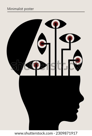 Artwork, minimalist poster design in red and black colors. Abstract wall art. Vector illustration on the theme of science, knowledge, curiosity.