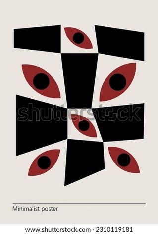 Artwork, minimalist poster design in red and black colors. abstract wall art. Vector illustration with pattern and eyes.