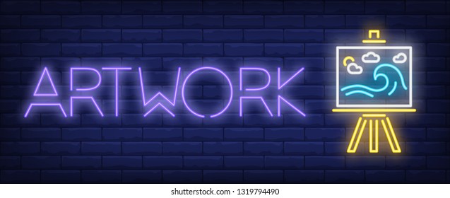 Artwork neon text and easel with picture. Painting and art supplies design. Night bright neon sign, colorful billboard, light banner. Vector illustration in neon style.