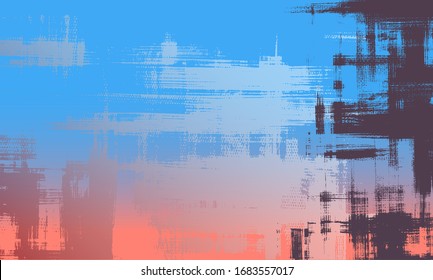 Artwork on canvas. Abstract background painting, dirty art fantasy. Surreal hand drawn landscape. Grungy cross hatching paint strokes, vector background illustration of sky with clouds
