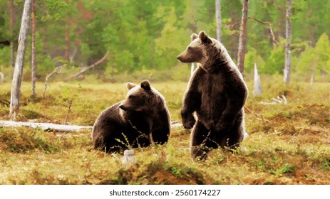 Artwork on canvas. A painting depicting a forest landscape with bears. A work of art for interior decoration.