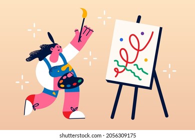Artwork, painting and drawing concept. Young smiling woman cartoon character artist standing with brush making drawing picture as hobby in studio vector illustration