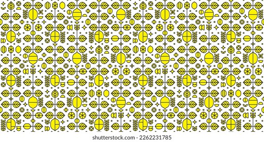 Artwork pattern with elements of lemons, flowers, leaves and various geometric shapes. Abstract illustration of fruit themed poster. Simple flat vector silhouette and outline, on white background.