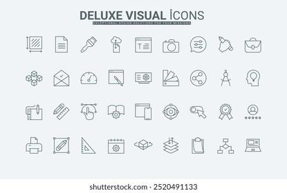 Artwork portfolio, color palette, brush, and pen of editing program thin black outline symbols vector illustration. Digital tools for graphic design and art ideas, typography line icons set.