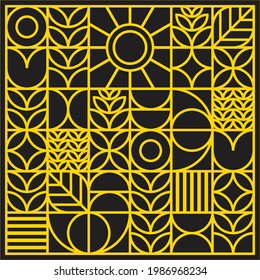 Artwork poster with flat minimalistic geometric sun center with simple shapes. Abstract vector pattern design in Scandinavian outline style on black background. Good for branding or web banners.