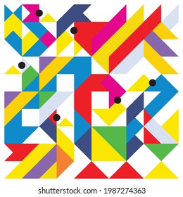 Artwork poster with simple geometric bird base shape. Modern abstract vector pattern design in colorful triangles, squares and circles style. Good for backgrounds, wallpaper, branding and web banners.