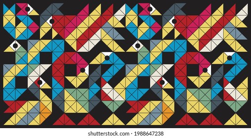Artwork poster with simple geometric bird base shape. Modern abstract vector pattern design in colorful triangles, squares and circles style. Good for backgrounds, wallpaper, branding and web banners.