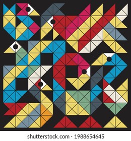 Artwork poster with simple geometric bird base shape. Modern abstract vector pattern design in colorful triangles, squares and circles style. Good for backgrounds, wallpaper, branding and web banners.