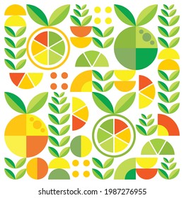 Artwork poster with simple geometric orange basic shapes, cutouts and leaves. Modern abstract flat vector pattern design in colorful Scandinavian style. Good for backgrounds, branding and web banners.