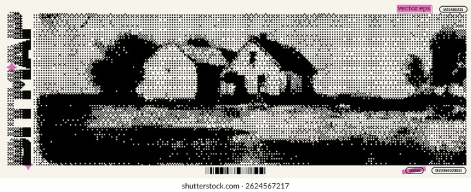 The artwork presents a pixelated interpretation of a serene rural landscape, showcasing abstract forms of houses and nature, merging classic aesthetics with modern dadaism elements.