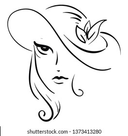 Artwork of a pretty lady wearing a designed cap on her long hair in black and white vector color drawing or illustration 