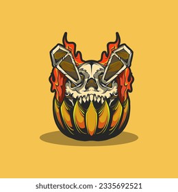 Artwork for print in t-shirt with pumpkin, skull, coffin, and fire concept.