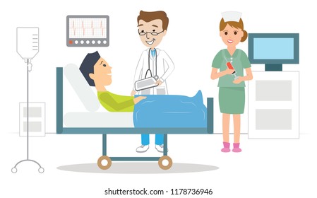 Artwork Of A Professional Doctor Visiting A Male Boy Patient In Hospital Bed Laying Clinic Nurse Standing With A Syringe Full Of Bold Sample ECG EKG Heart Pulse Saline Monitor