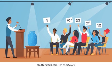 Artwork for sale at auction, auctioneer with gavel selling valuable antique vase, art gallery and public bidding. Competitors on seats holding bid paddles with numbers cartoon vector illustration