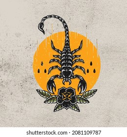 artwork scorpion with flower and circle yellow vector