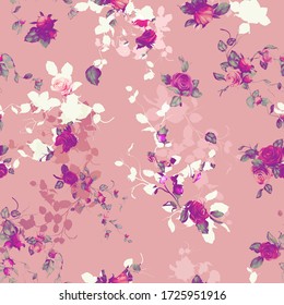 Artwork seamless floral background pattern. Roses, cranberry with leaf on pastel. Pattern for textile, fabric and other prints purpose. Hand drawn illustration, vector wallpaper.